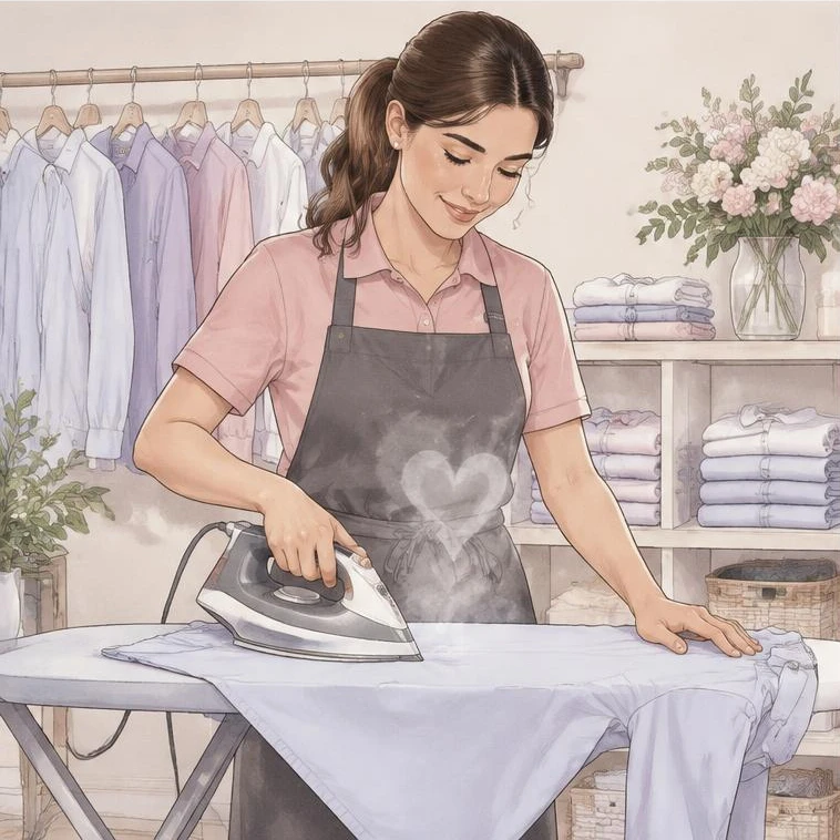 Ilustração romântica de uma profissional passando roupas com ferro a vapor