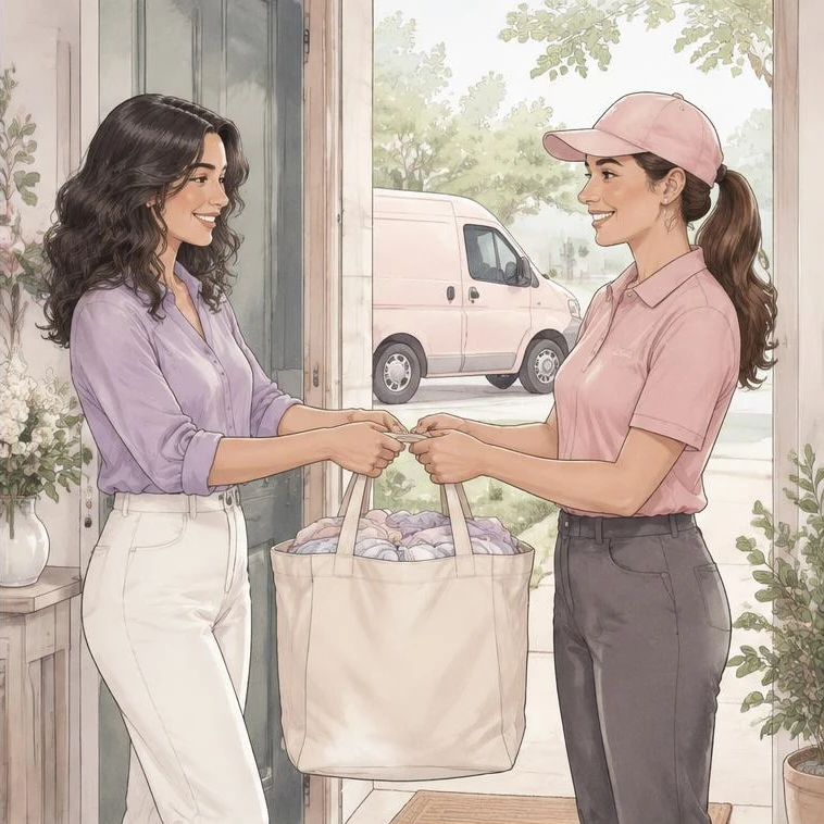 Ilustração romântica da coleta das roupas na casa da cliente