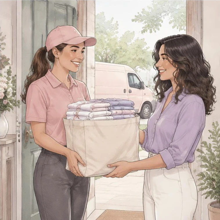 Ilustração romântica da entrega das roupas passadas e dobradas à cliente