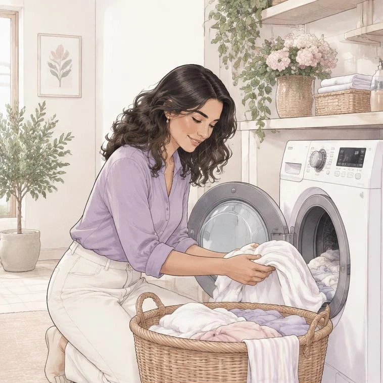 Ilustração romântica de uma cliente lavando suas roupas em casa