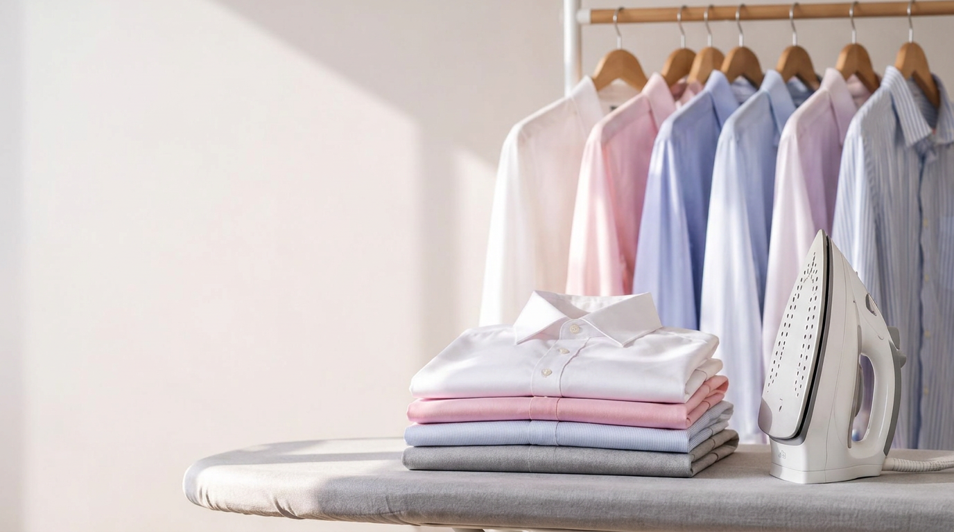 Camisas passadas e dobradas, roupas em cabides e ferro a vapor